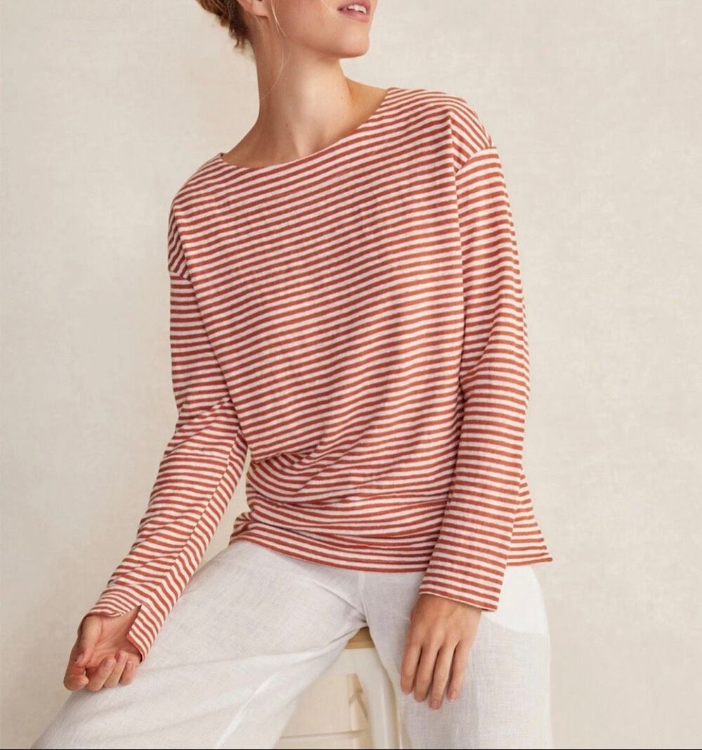 Haven Well Within Women's Stripe Linen Pullover top White red brick Large NEW